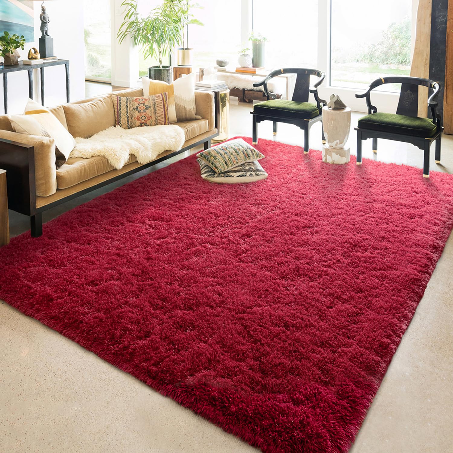 Chicrug Wine Red Fluffy Area Rugs for Living Room Bedroom, Large